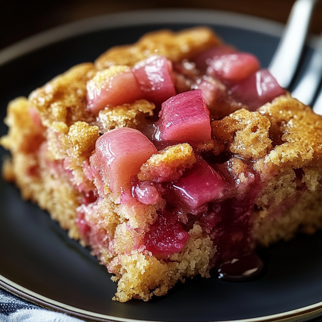 A slice of rhubarb cake with butter sauce on a plate.