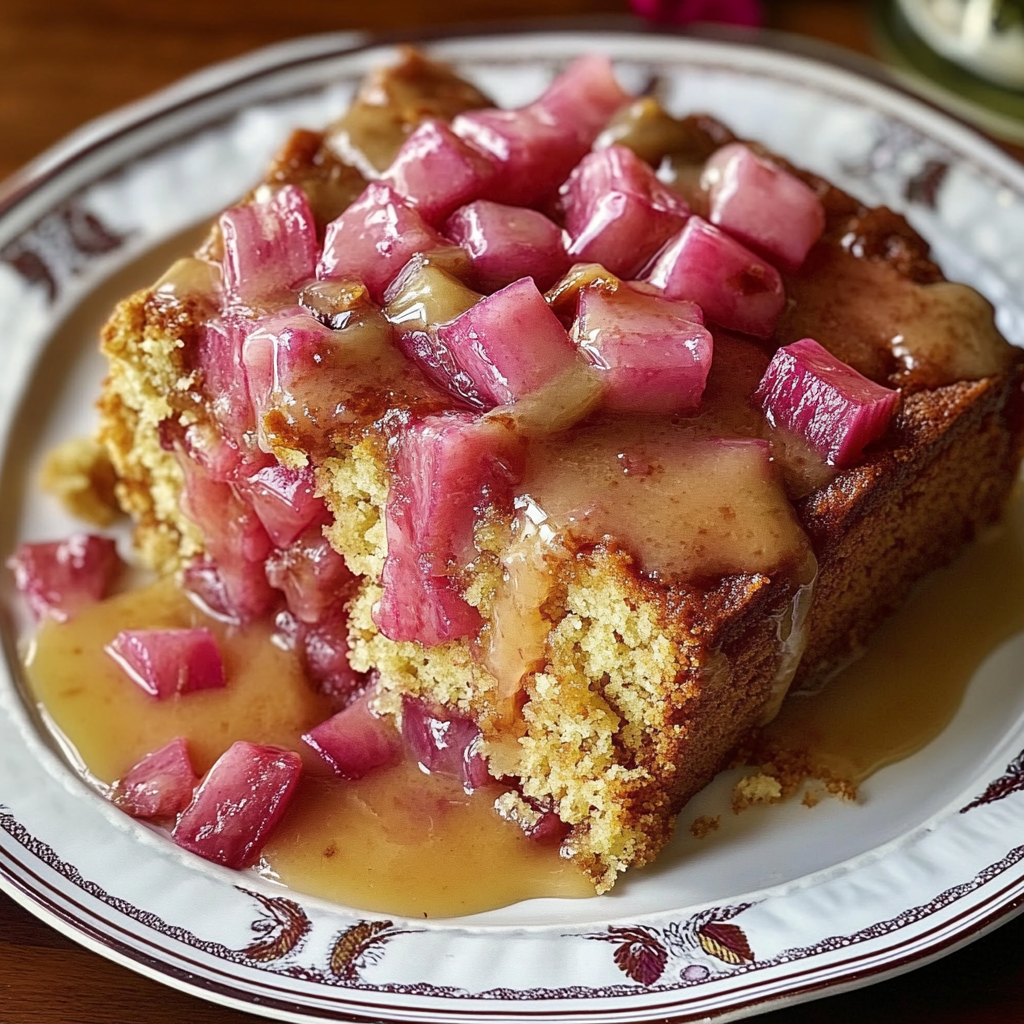 A slice of cake with a sauce on top.