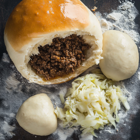 A close up of a beef and cabbage stuffed roll.