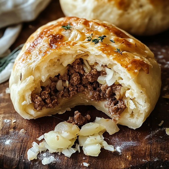 A close up of a beef and cabbage stuffed roll.