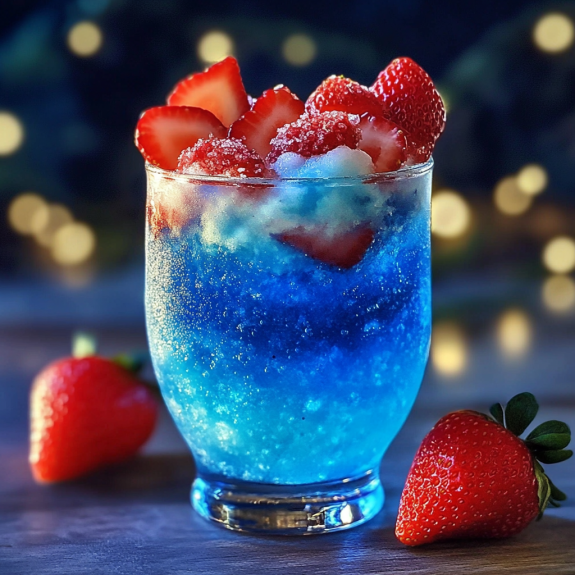 A glass of blue Hawaiian with strawberries.