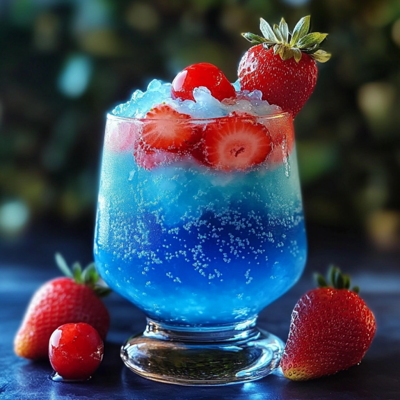 A glass of blue hawaiian with strawberries on the side.