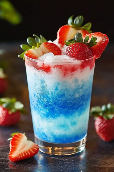 A glass of blue and white Hawaiian drink with strawberries.
