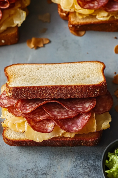 A fried bologna sandwich on a table.