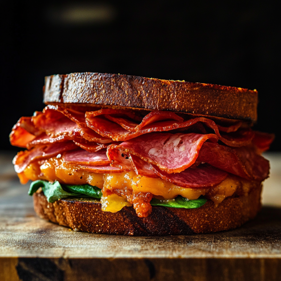 A fried bologna sandwich on a wooden table.