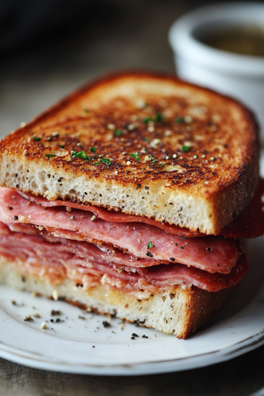 A fried bologna sandwich on a plate.