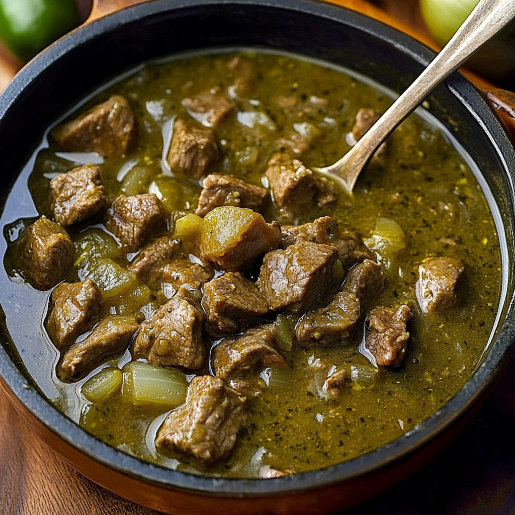 A bowl of meat and vegetables with a spoon in it.