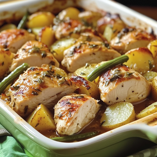 A dish of chicken and potatoes.
