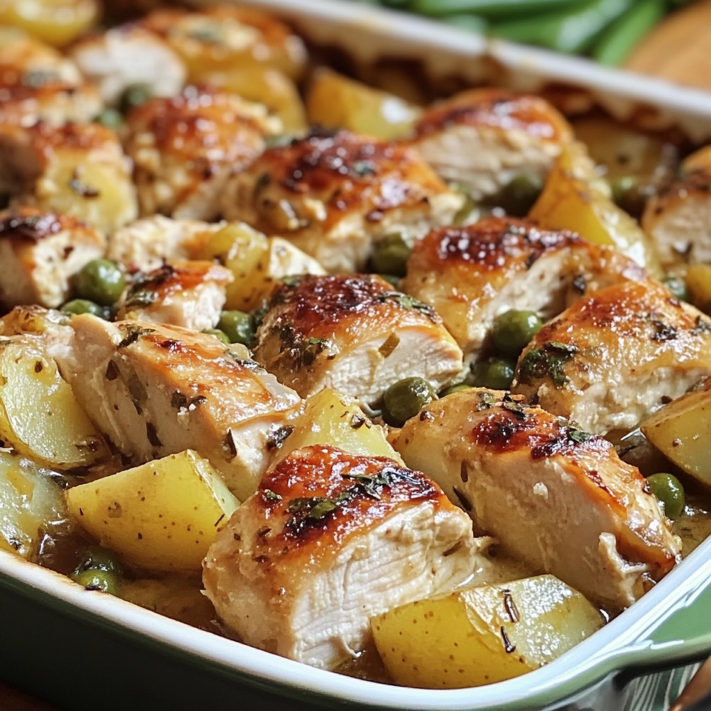 A dish of chicken and potatoes.