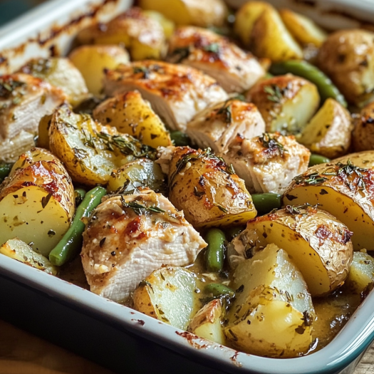 A dish of chicken and potatoes.