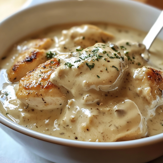 A bowl of chicken with sauce.