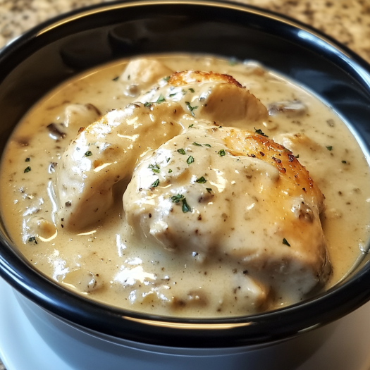 A bowl of chicken with mushrooms and herbs.