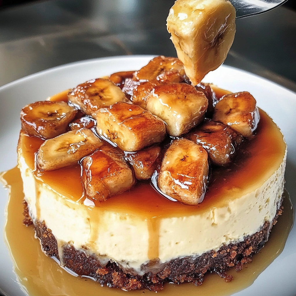 A slice of caramelized banana cheesecake with rum glaze.