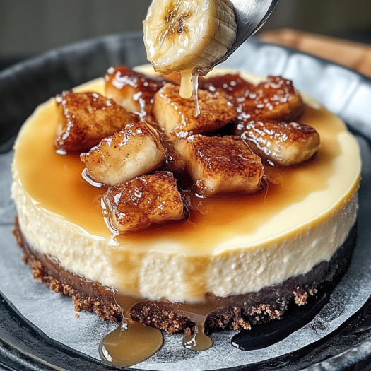 A slice of caramelized banana cheesecake with a rum glaze.