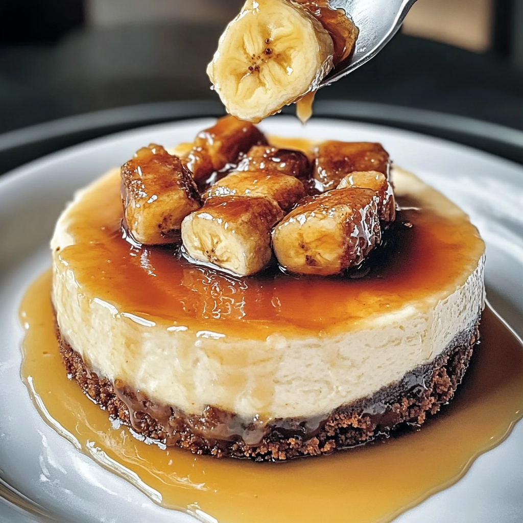 A slice of caramelized banana cheesecake with rum glaze.