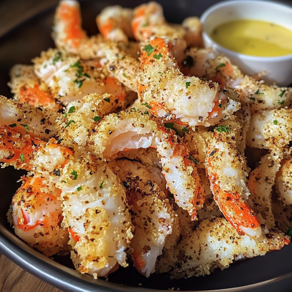 A bowl of crab crunchies with a dipping sauce.