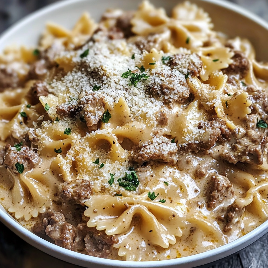A bowl of creamy Parmesan garlic beef bowtie pasta.