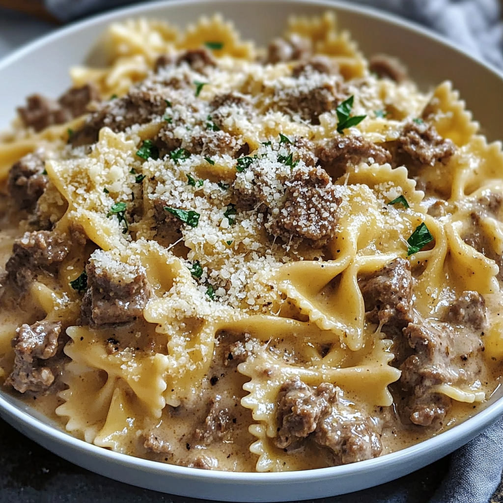 A bowl of creamy Parmesan garlic beef bowtie pasta.