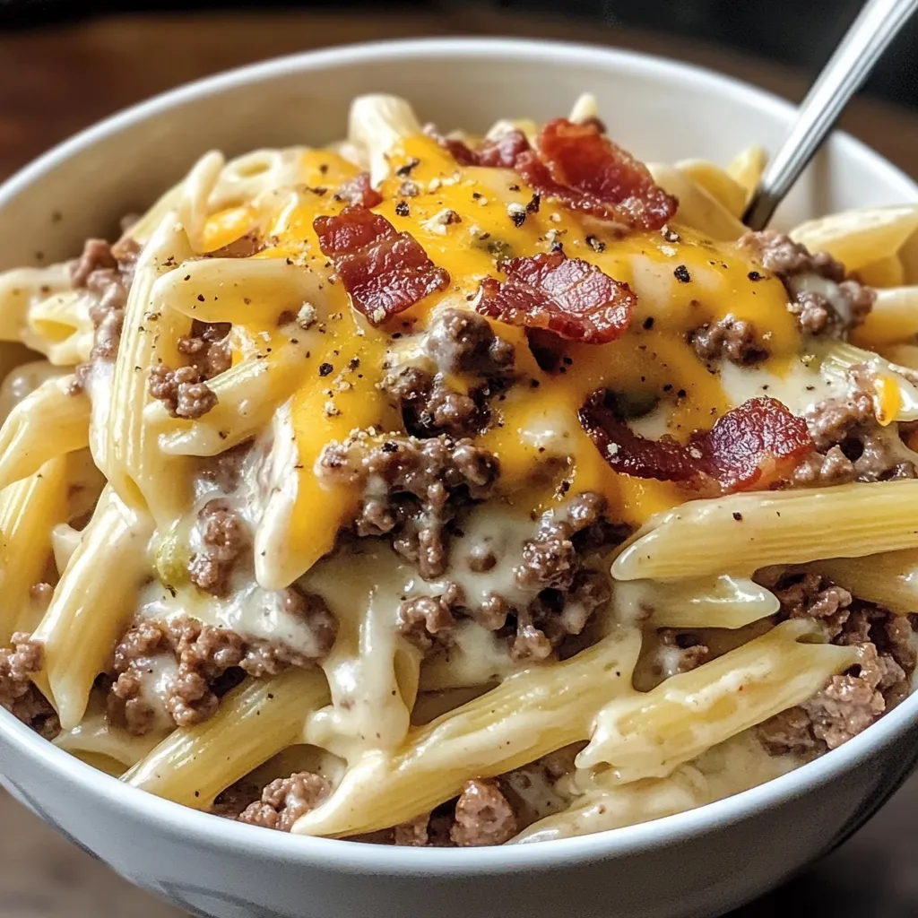 A bowl of pasta with cheese and bacon.