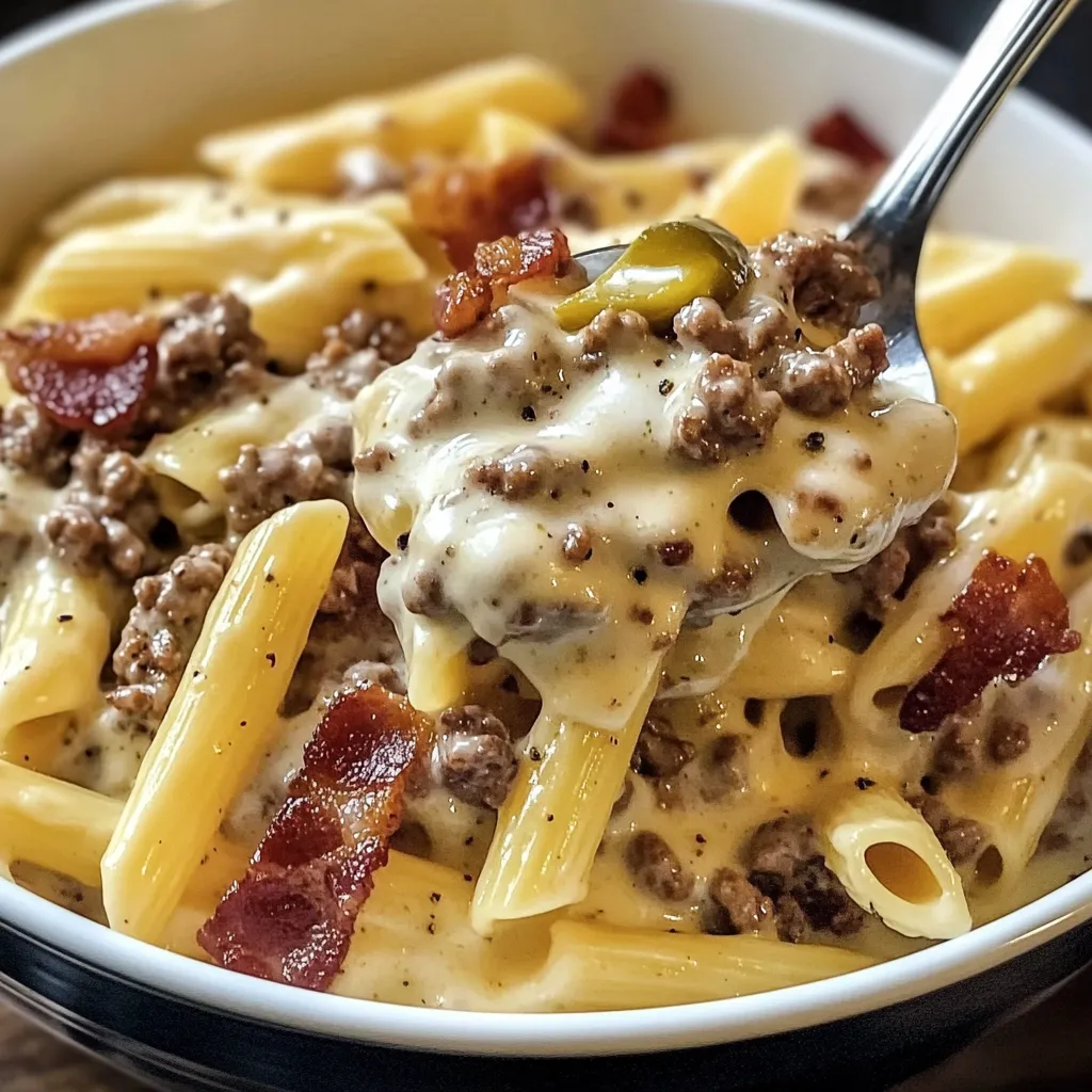 A bowl of pasta with bacon and cheese.