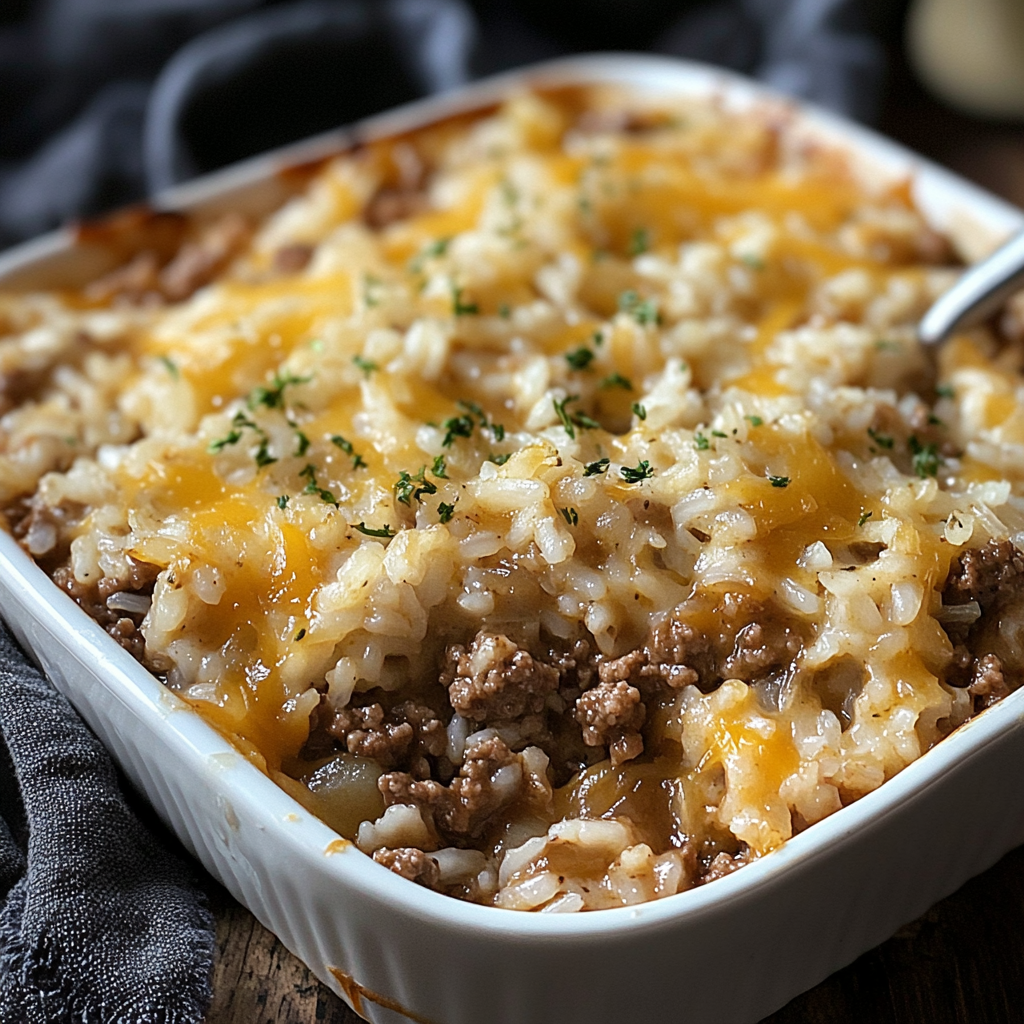 A white bowl filled with a delicious French Onion Ground Beef and Rice Casserole.