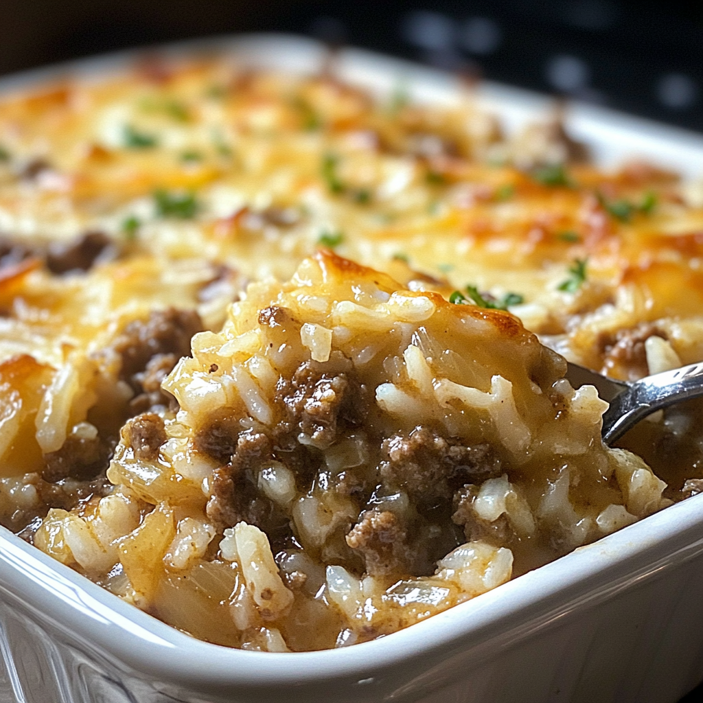 A white bowl filled with a delicious French Onion Ground Beef and Rice Casserole.