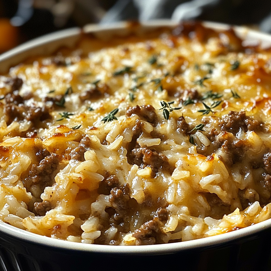 A bowl of French Onion Ground Beef and Rice Casserole.