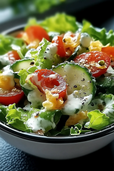 A bowl of salad with tomatoes, cucumbers, and dressing.