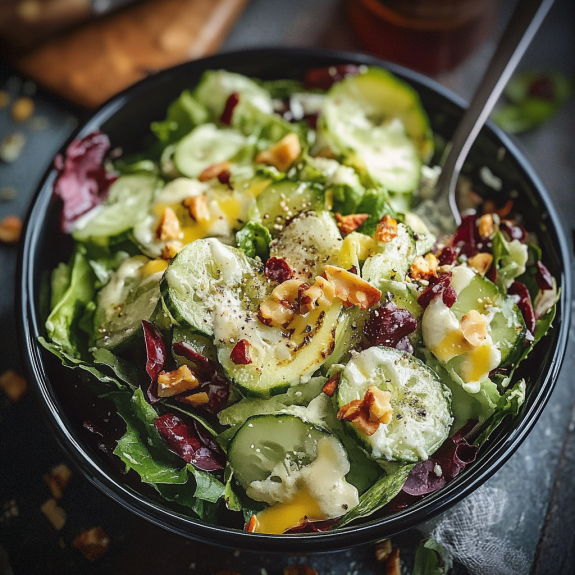 A bowl of salad with cucumbers, nuts, and cheese.