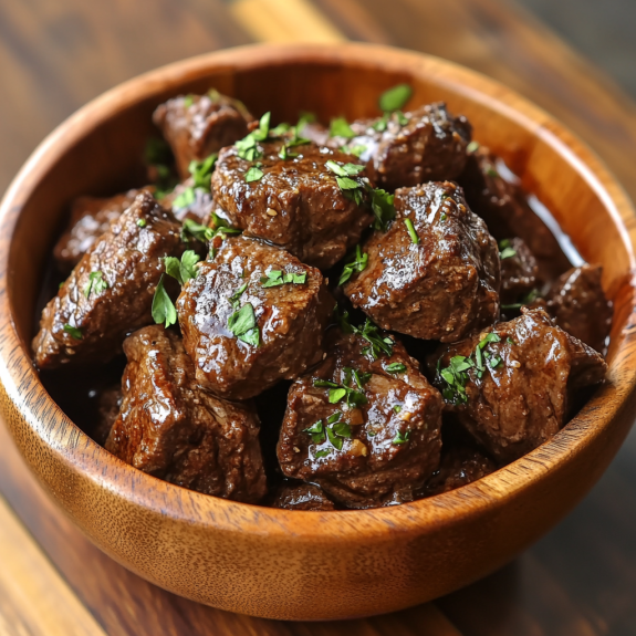 A bowl of beef stew with green herbs.