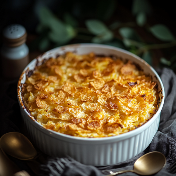 A white bowl filled with a delicious casserole.