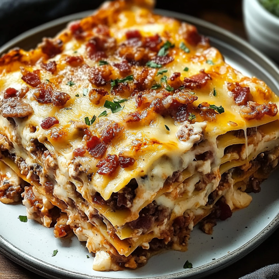 A plate of Parmesan Garlic Bacon Cheeseburger Lasagna.