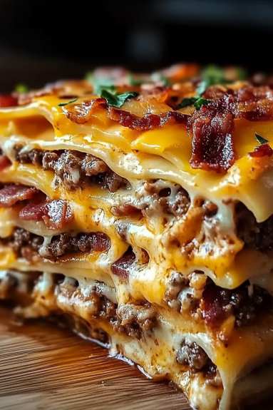A close up of a Parmesan Garlic Bacon Cheeseburger Lasagna.