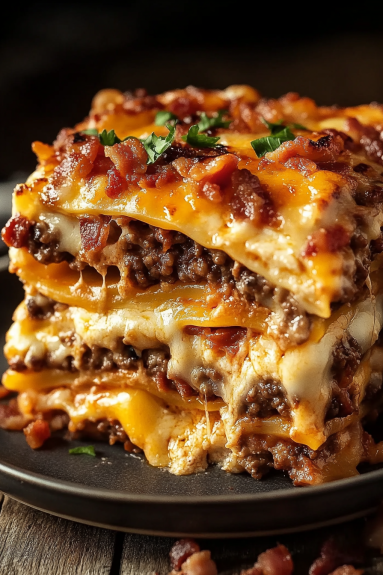 A stack of Parmesan Garlic Bacon Cheeseburger Lasagna.