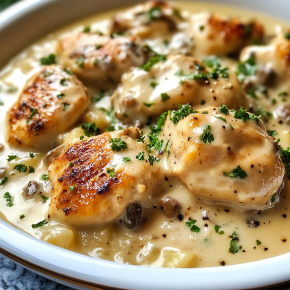 A plate of chicken fricassee with mushrooms and herbs.