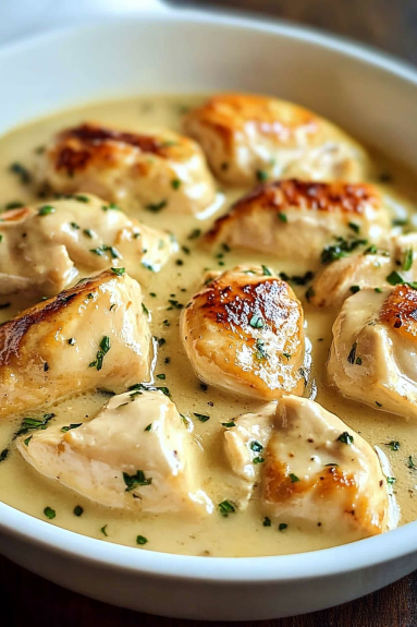 A dish of chicken fricassee with herbs and spices.