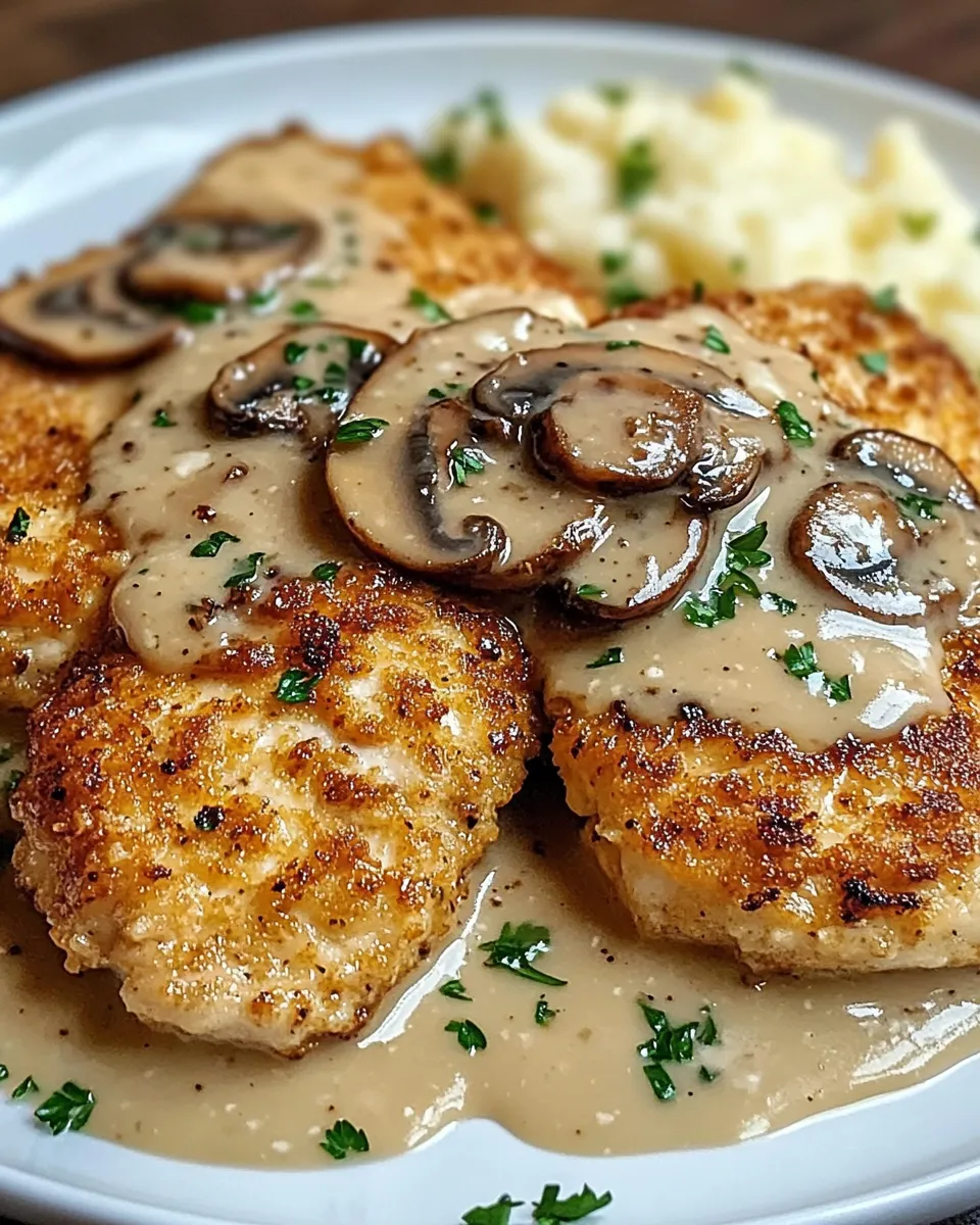 Golden crispy chicken with parmesan mushroom sauce.