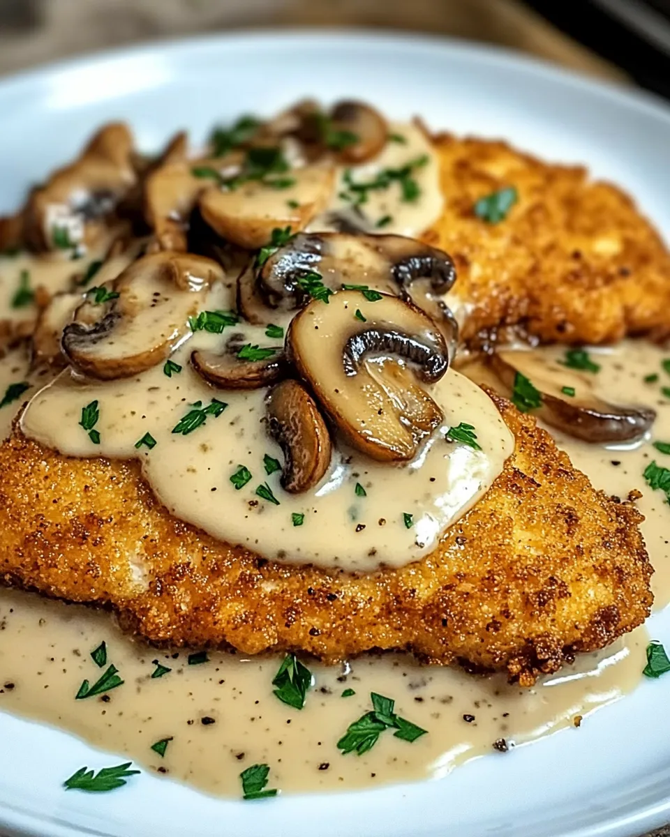 Golden crispy chicken with parmesan mushroom sauce.