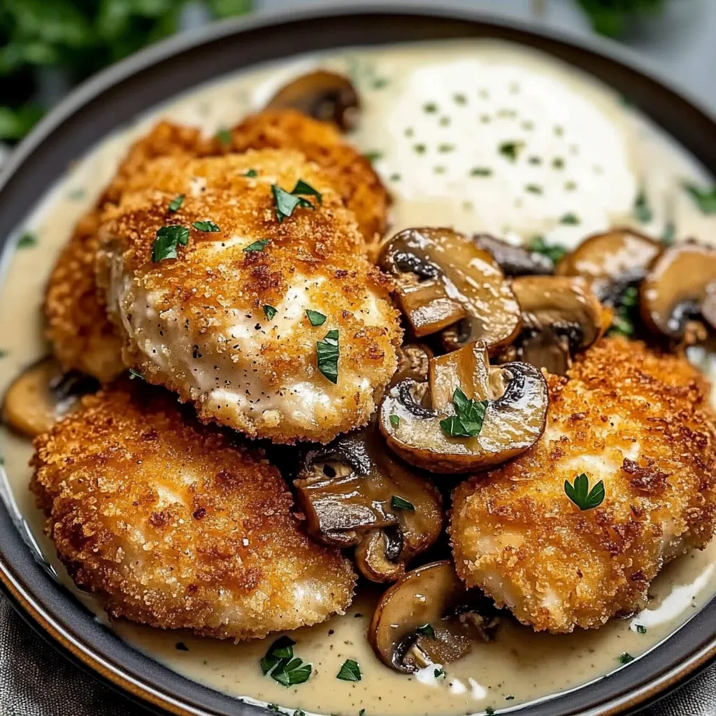 Golden crispy chicken with parmesan mushroom sauce.