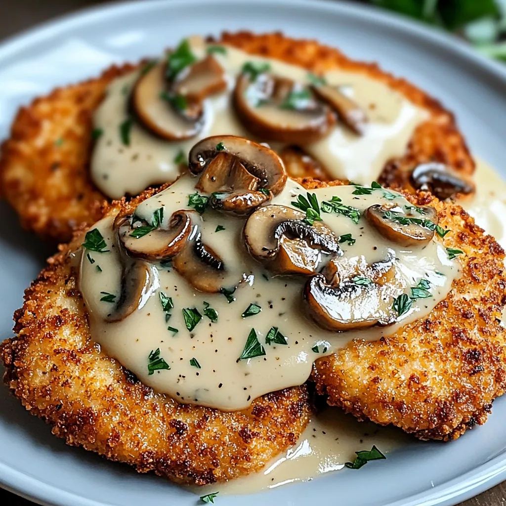 Golden crispy chicken with parmesan mushroom sauce.