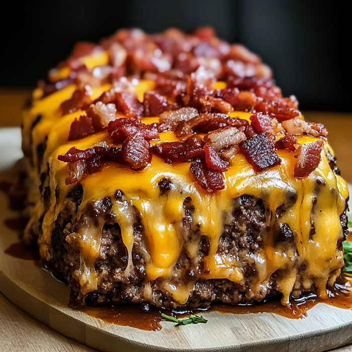 A large piece of meat with bacon on top.