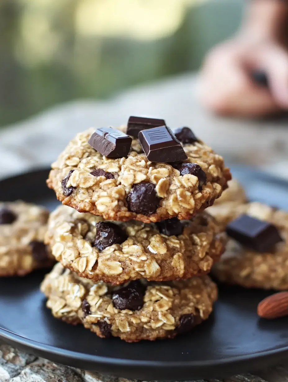 A stack of cookies made with oats and chocolate chips.