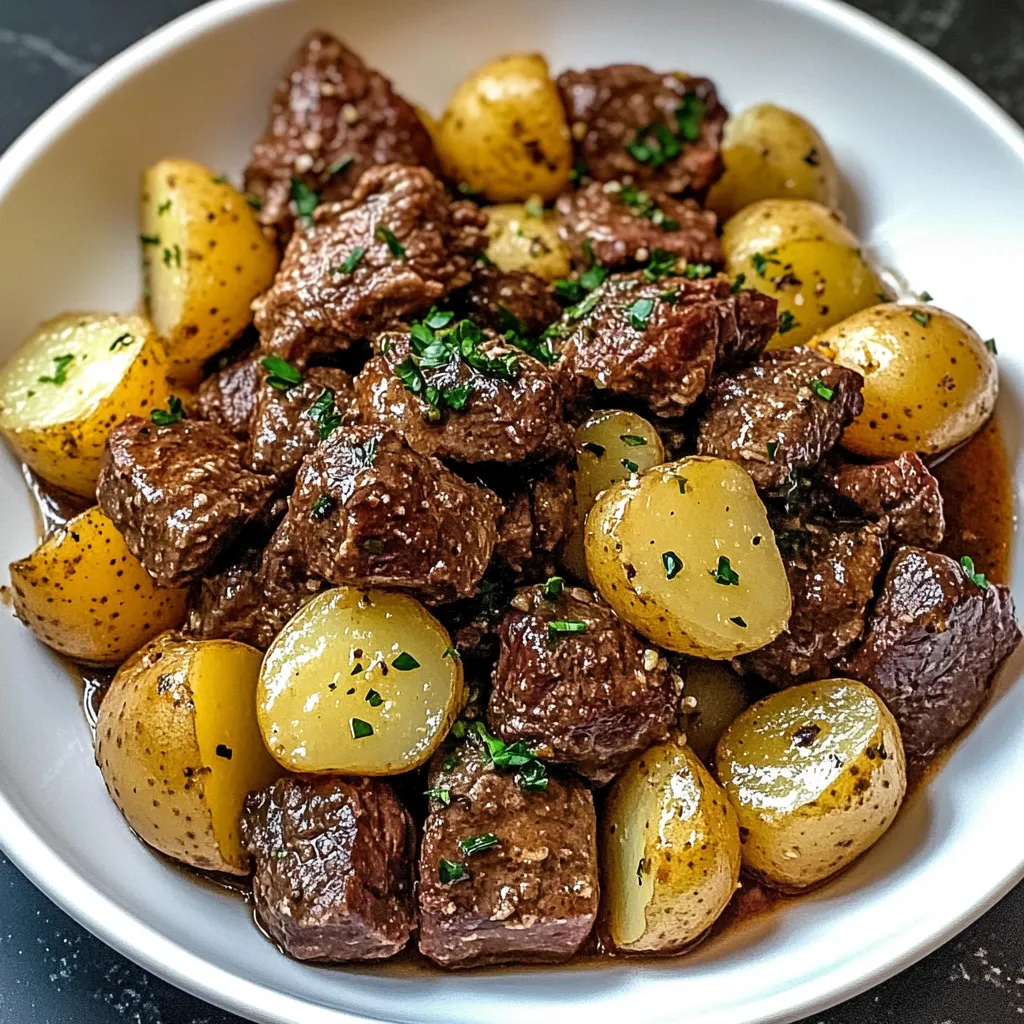 A white bowl filled with beef and potatoes.