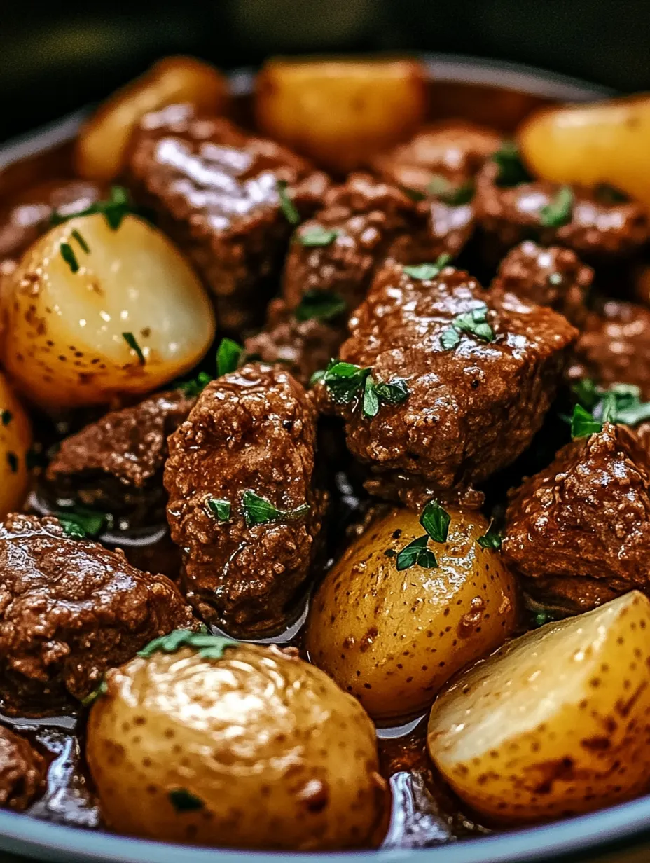 A close up of beef and potatoes in a slow cooker.