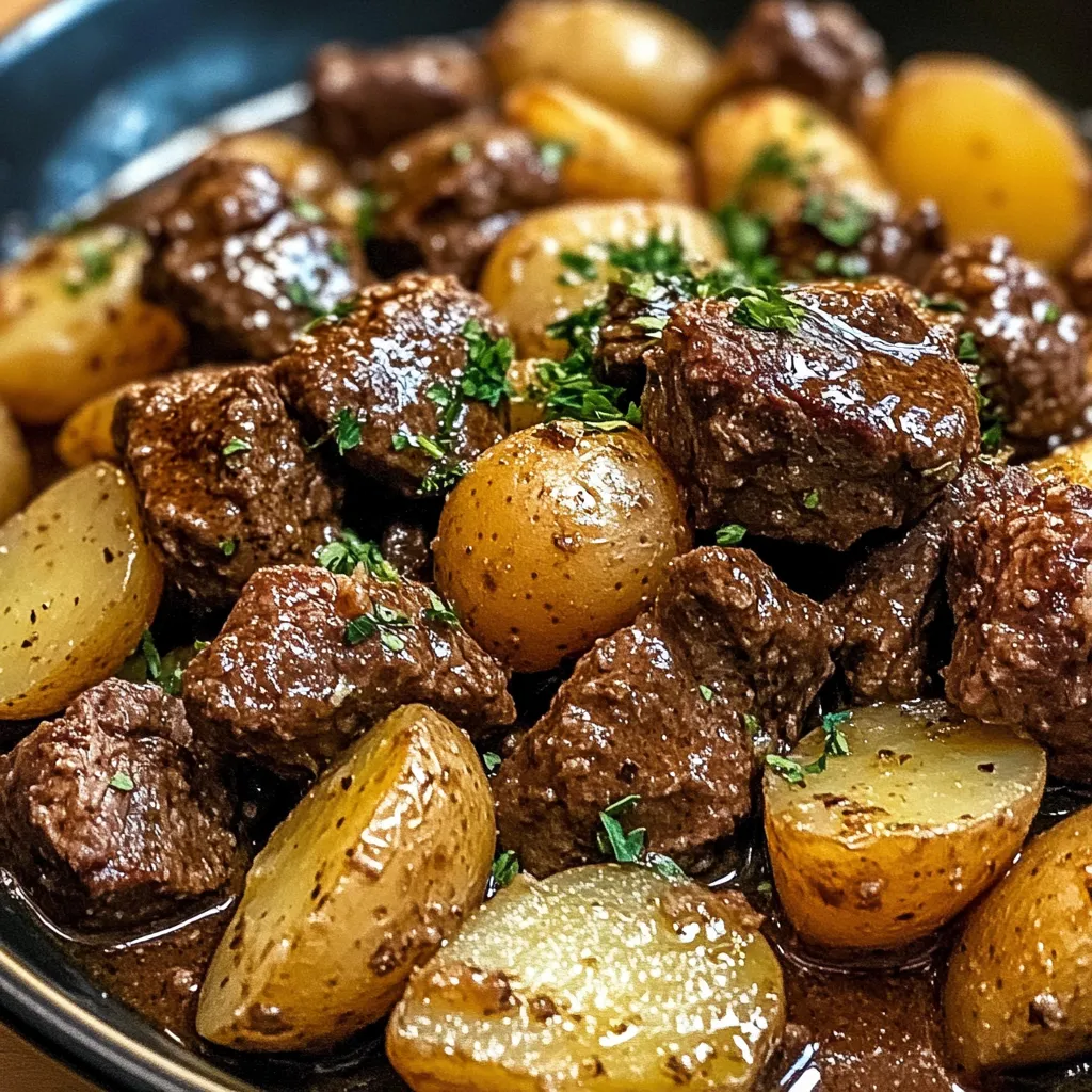 A bowl of beef and potatoes.