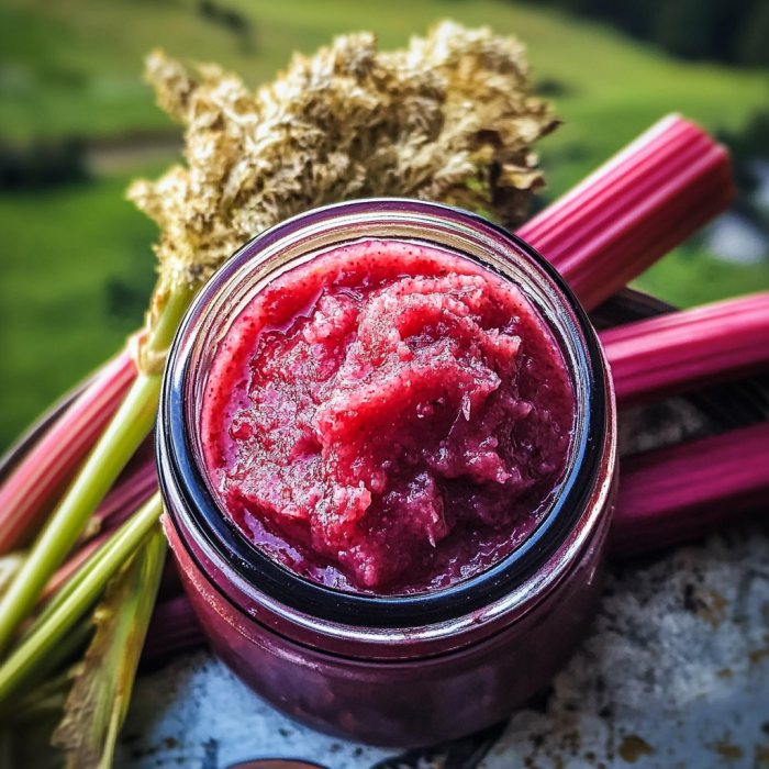 A jar of homemade rhubarb butter.