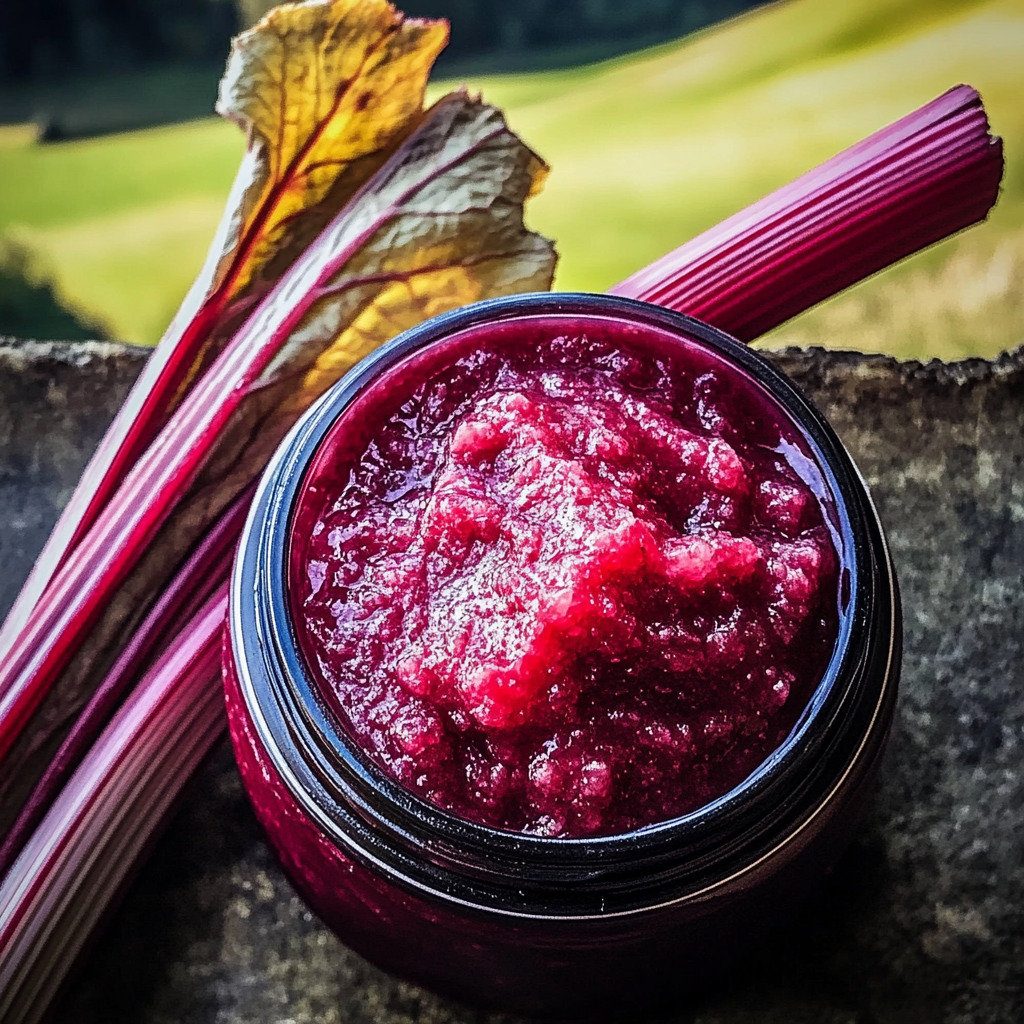 A jar of homemade rhubarb butter.