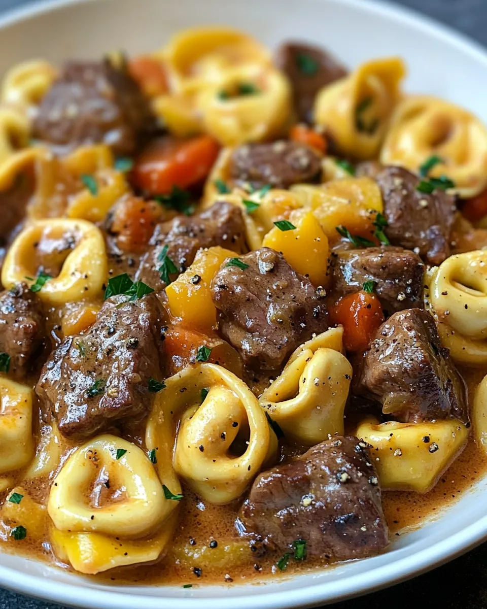 A plate of pasta with meat and vegetables.
