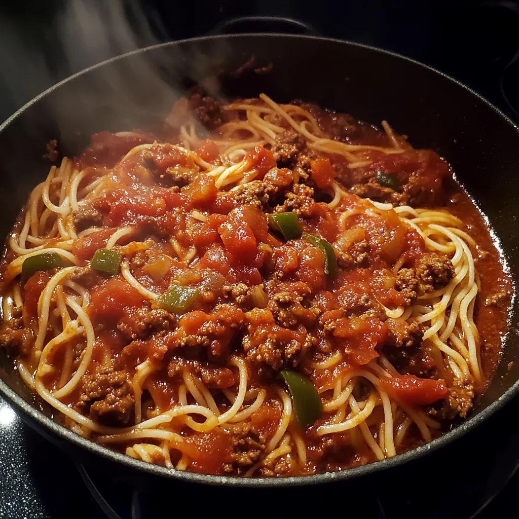 Ein Topf mit Spaghetti und einer Tomatensoße.