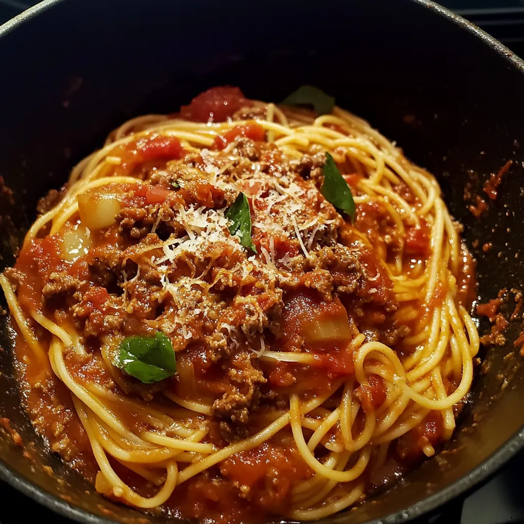 Ein Topf mit Spaghetti und einer Sauce, die aus Fleisch und Tomaten besteht.